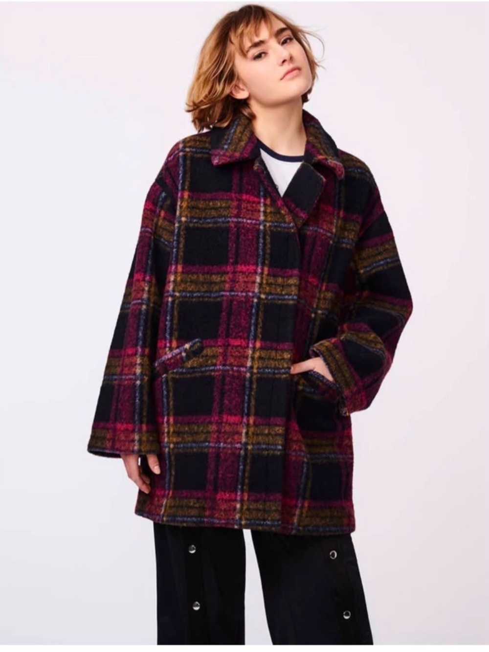 Oversize Bernie by Bernardo Plaid Wool-Blend Coat in Dark Navy & Berry